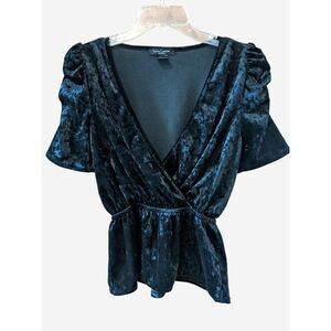 Black Velvet Puff Sleeve Blouse Faux Wrap Romantic Whimsygoth Emo Coquette Sz M